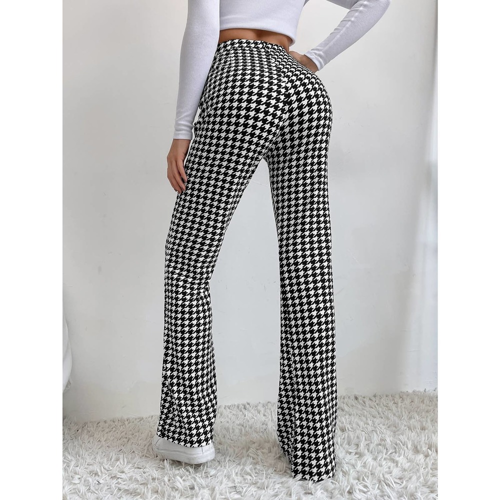minimalist High Waist Houndstooth Flare Leg Pants black white - Picture 2 of 2